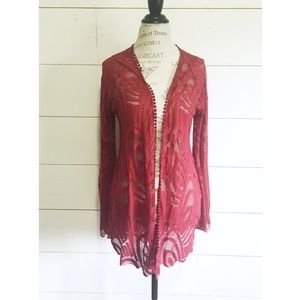 NWOT “Catching Fire” crimson red lace kimono